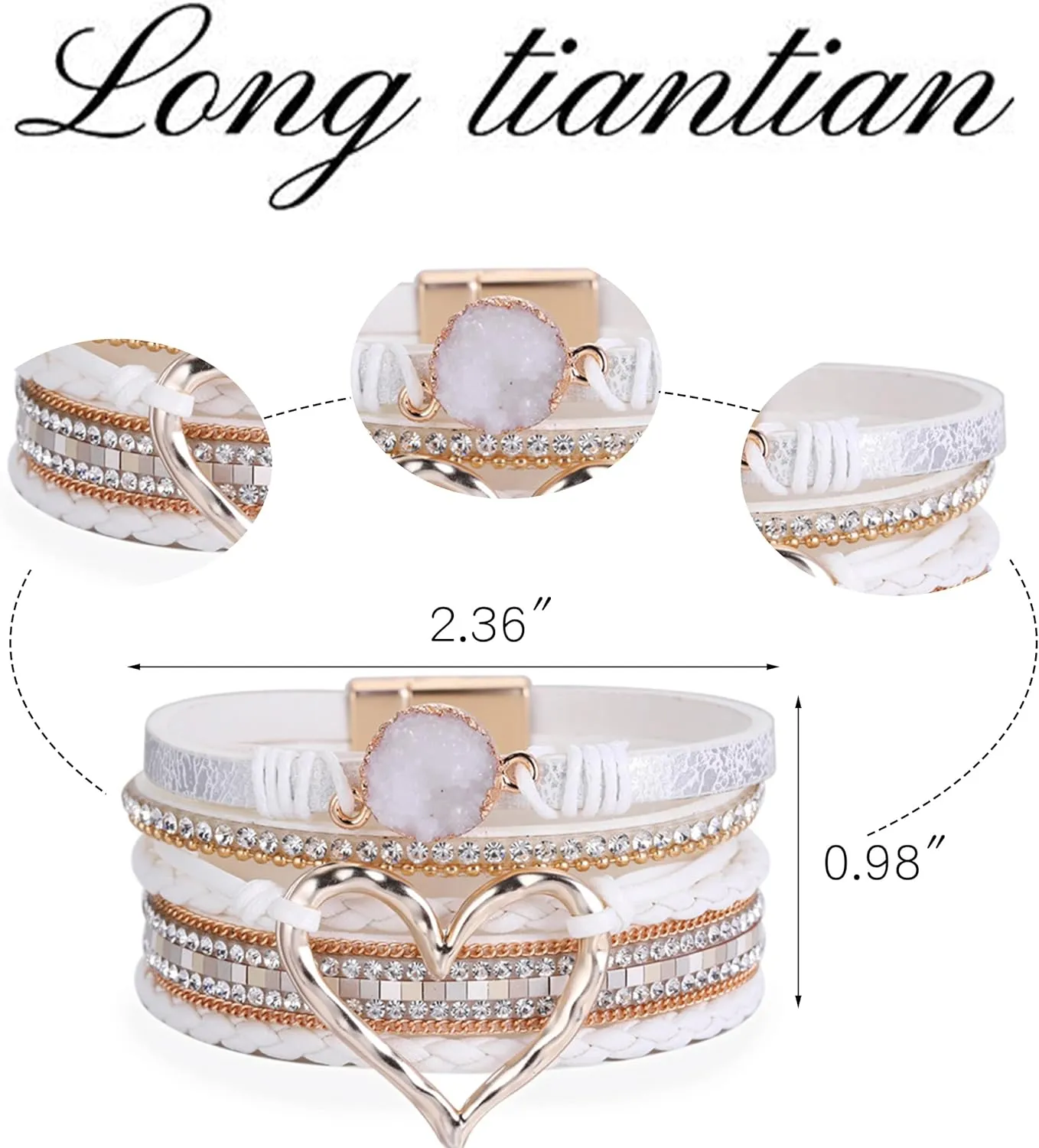 Long tiantian Heart Leather Wrap Bracelets for Women Handmade Stackable Boho Cuff Bangles Bracelet Trendy Valentines Gifts for Her