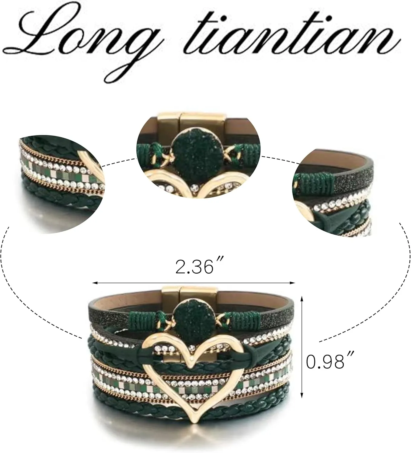 Long tiantian Heart Leather Wrap Bracelets for Women Handmade Stackable Boho Cuff Bangles Bracelet Trendy Valentines Gifts for Her