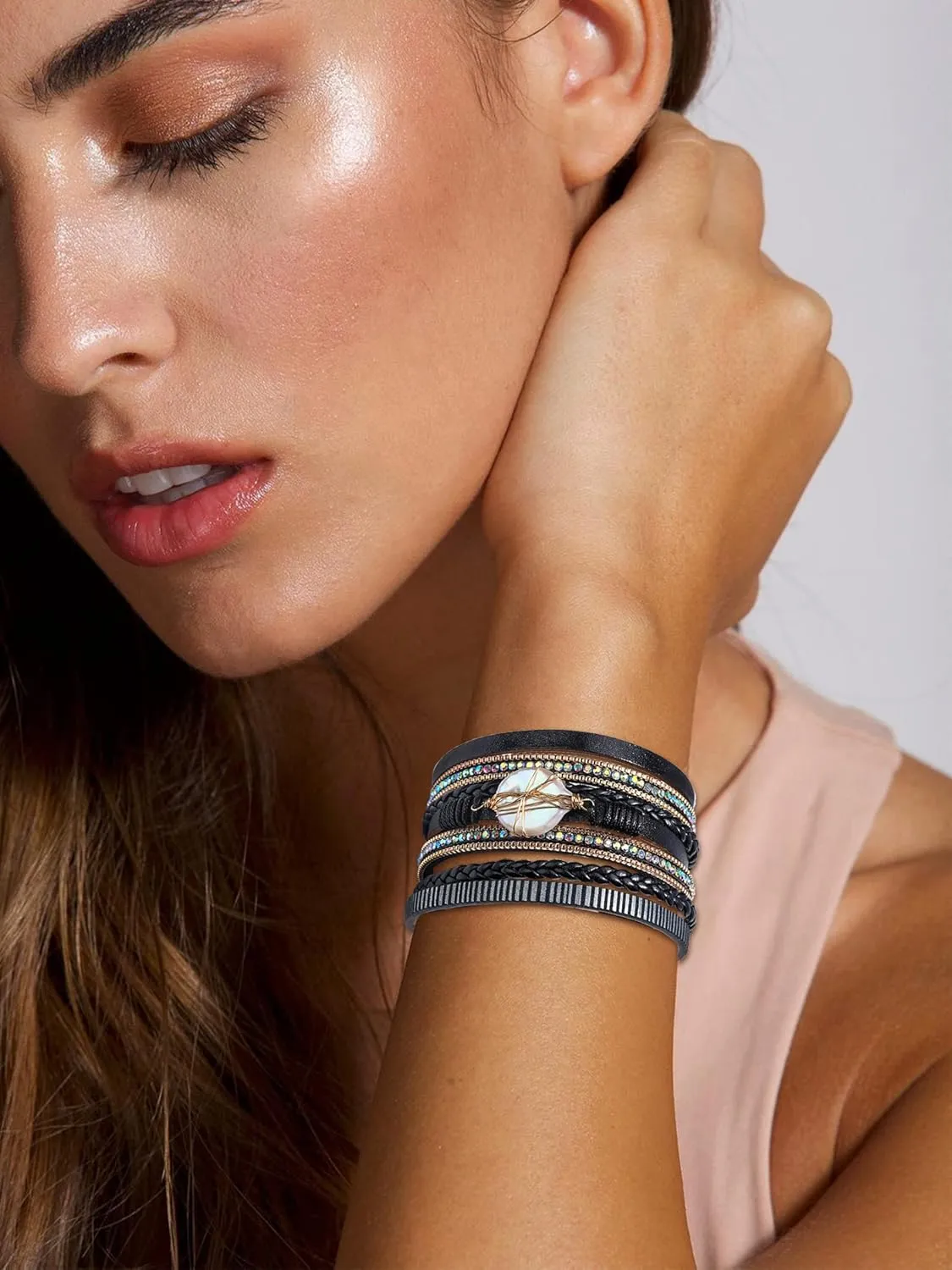 Long tiantian Leather Wrap Bracelets for Women Western Outfit Accessories Boho Cuff Bangle Bracelets Crystal Bead Bracelet with Clasp Jewelry Gifts for Women Trendy 2025