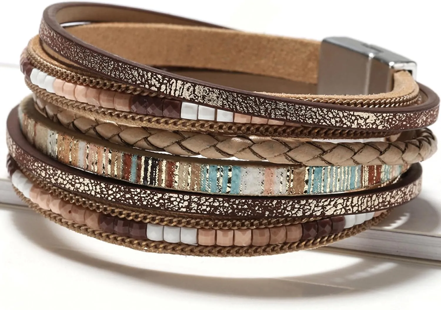 Long tiantian Leather Wrap Bracelets for Women Western Outfit Accessories Boho Cuff Bangle Bracelets Crystal Bead Bracelet with Clasp Jewelry Gifts for Women Trendy 2025