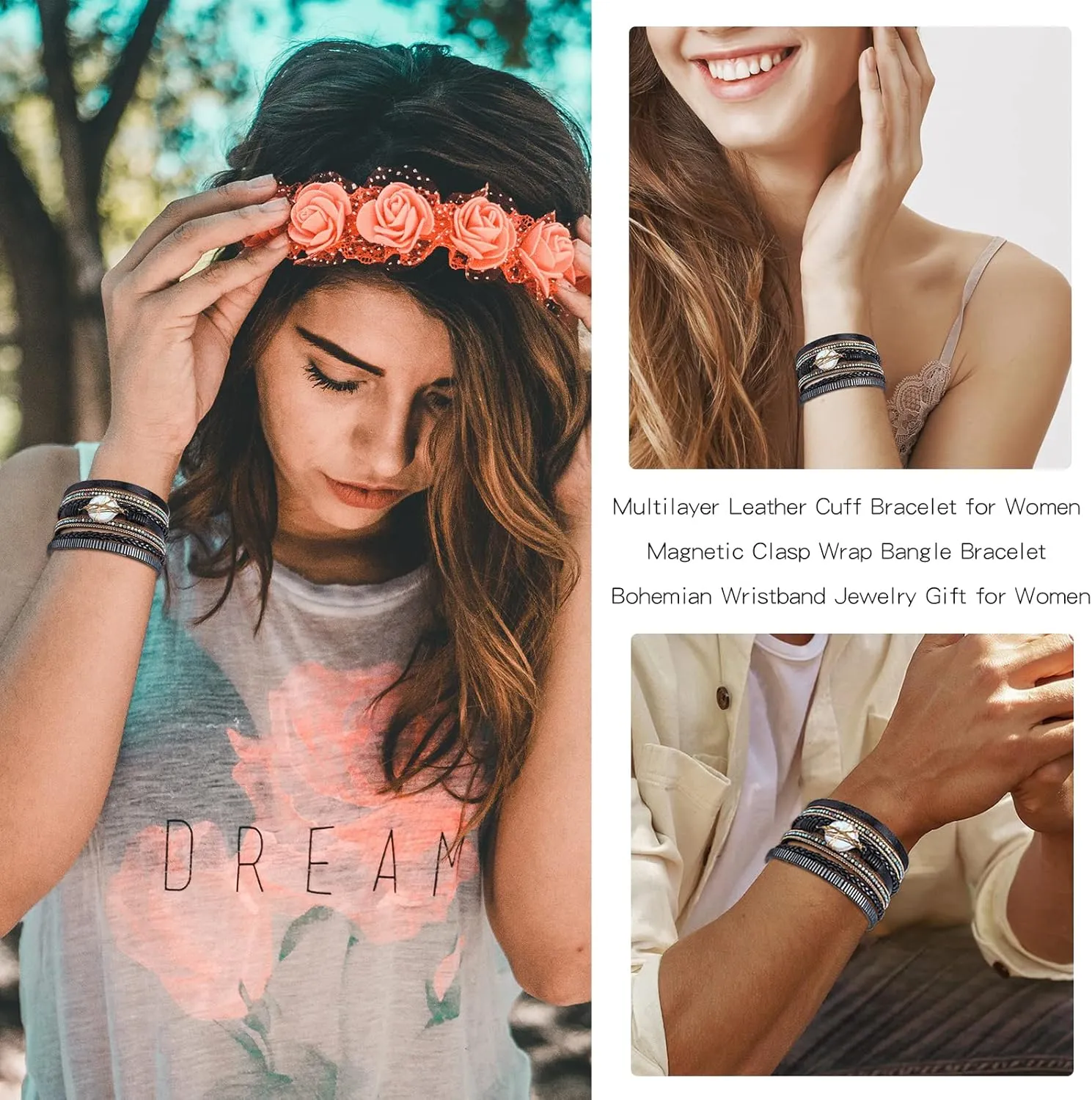 Long tiantian Leather Wrap Bracelets for Women Western Outfit Accessories Boho Cuff Bangle Bracelets Crystal Bead Bracelet with Clasp Jewelry Gifts for Women Trendy 2025