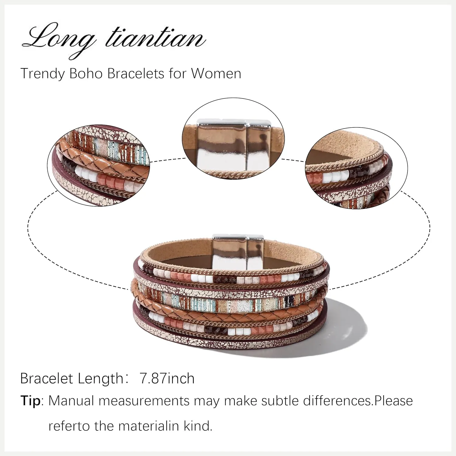 Long tiantian Leather Wrap Bracelets for Women Western Outfit Accessories Boho Cuff Bangle Bracelets Crystal Bead Bracelet with Clasp Jewelry Gifts for Women Trendy 2025