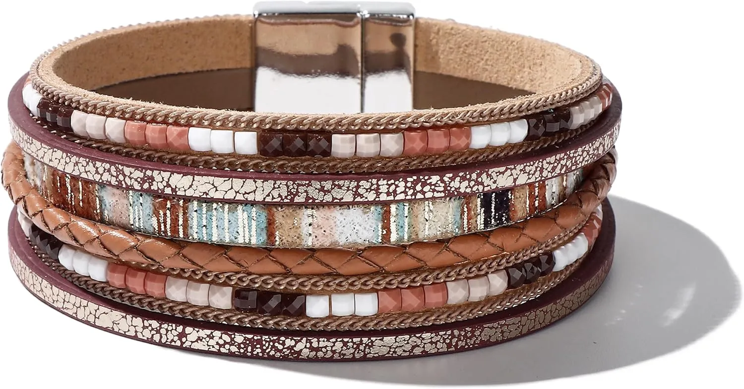 Long tiantian Leather Wrap Bracelets for Women Western Outfit Accessories Boho Cuff Bangle Bracelets Crystal Bead Bracelet with Clasp Jewelry Gifts for Women Trendy 2025
