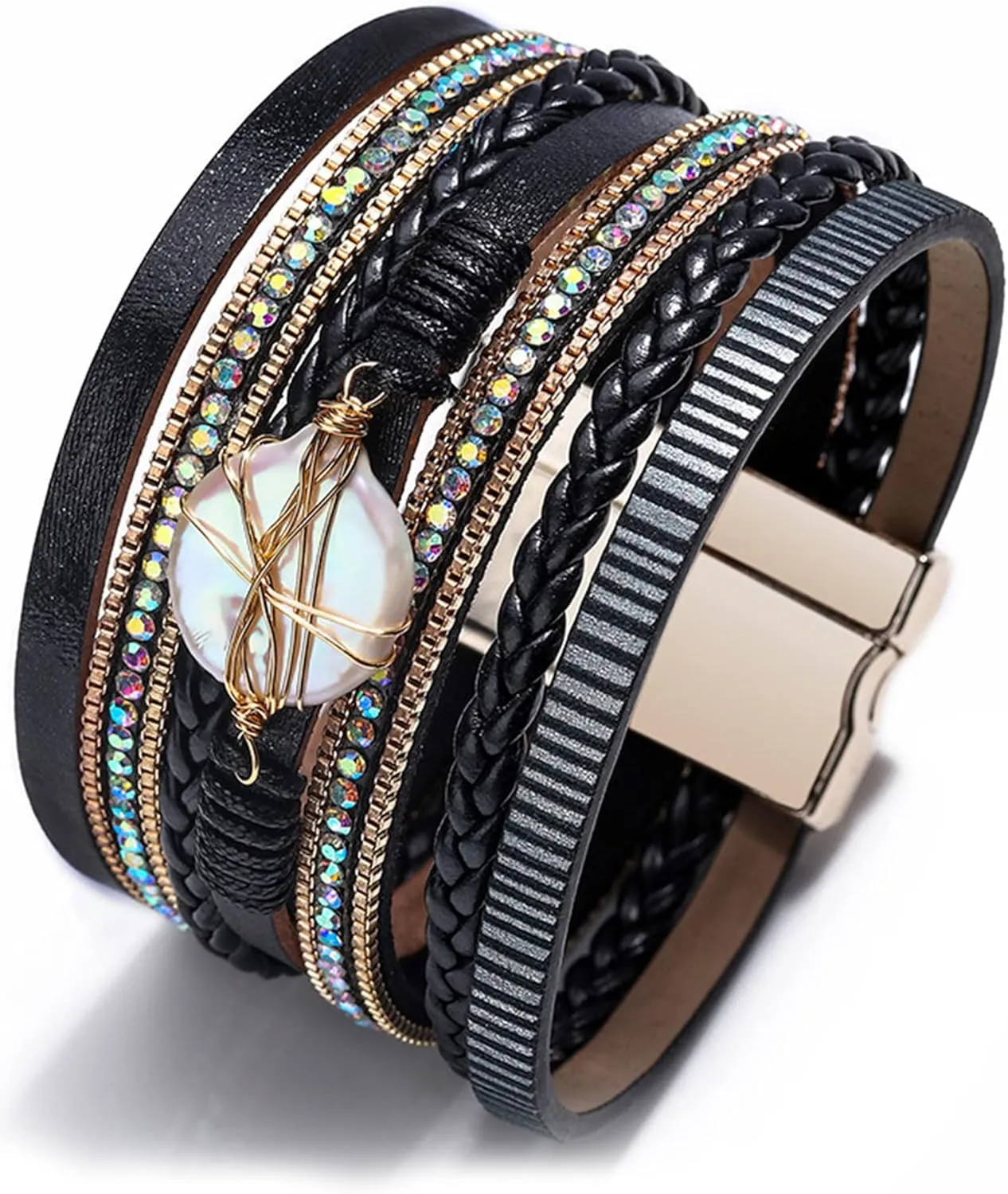 Long tiantian Leather Wrap Bracelets for Women Western Outfit Accessories Boho Cuff Bangle Bracelets Crystal Bead Bracelet with Clasp Jewelry Gifts for Women Trendy 2025