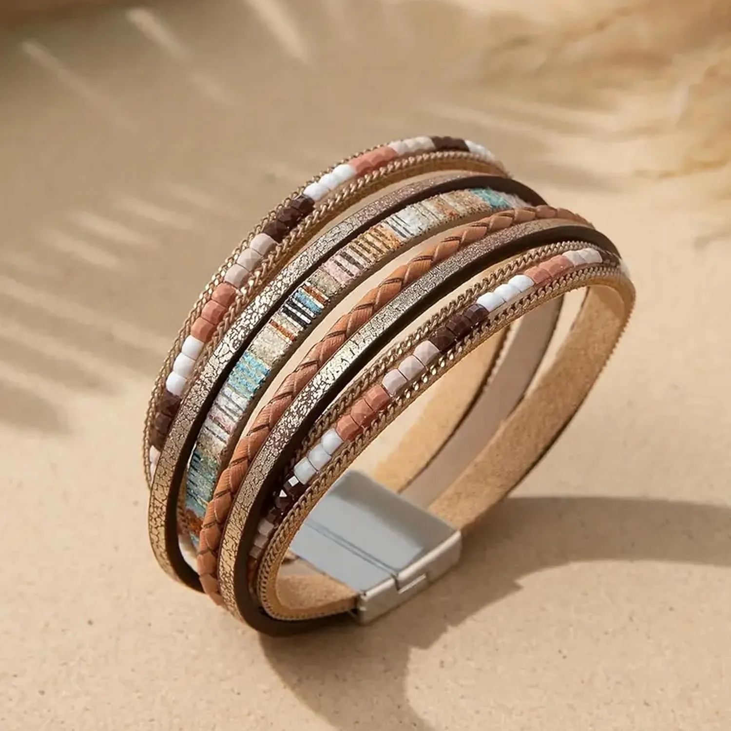 Long tiantian Leather Wrap Bracelets for Women Western Outfit Accessories Boho Cuff Bangle Bracelets Crystal Bead Bracelet with Clasp Jewelry Gifts for Women Trendy 2025