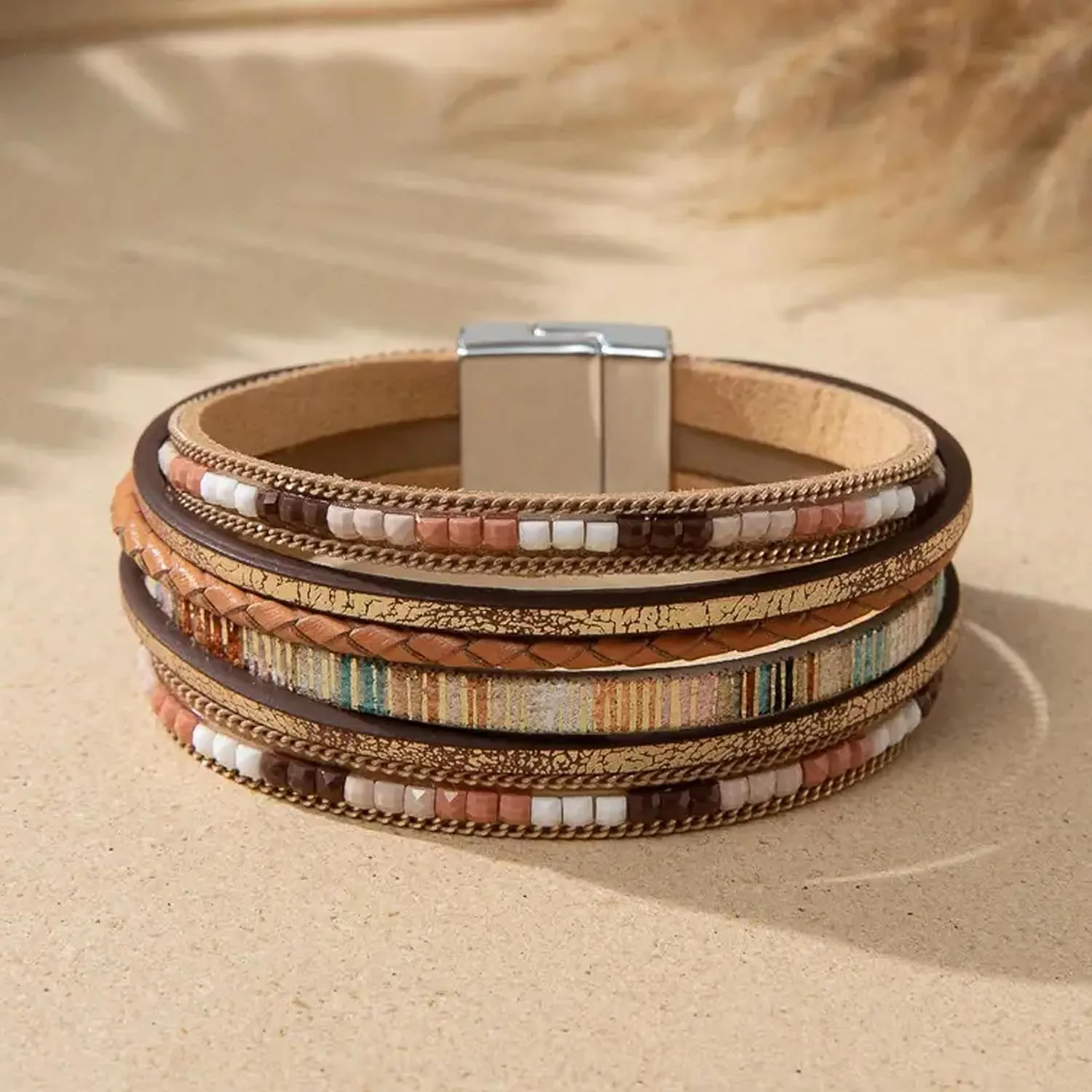 Long tiantian Leather Wrap Bracelets for Women Western Outfit Accessories Boho Cuff Bangle Bracelets Crystal Bead Bracelet with Clasp Jewelry Gifts for Women Trendy 2025