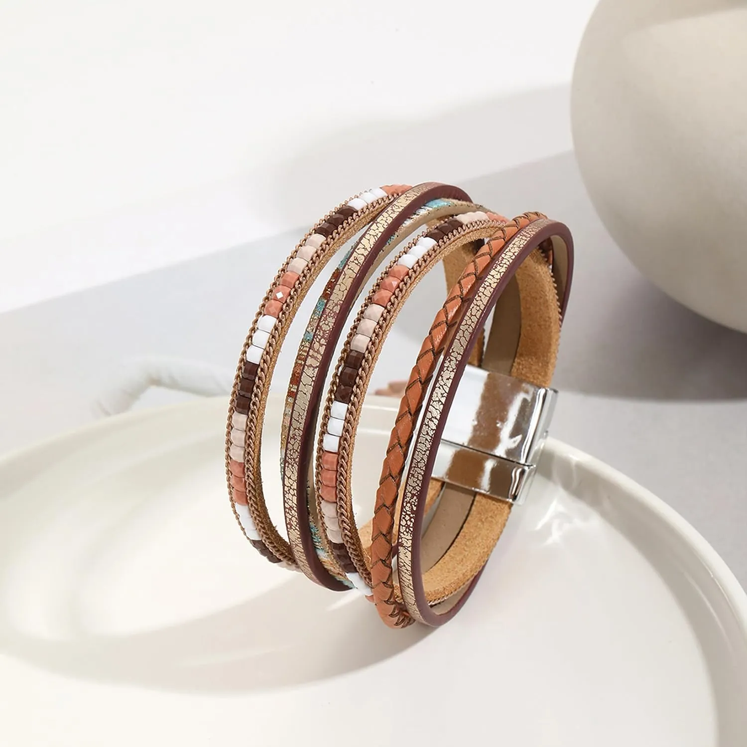 Long tiantian Leather Wrap Bracelets for Women Western Outfit Accessories Boho Cuff Bangle Bracelets Crystal Bead Bracelet with Clasp Jewelry Gifts for Women Trendy 2025