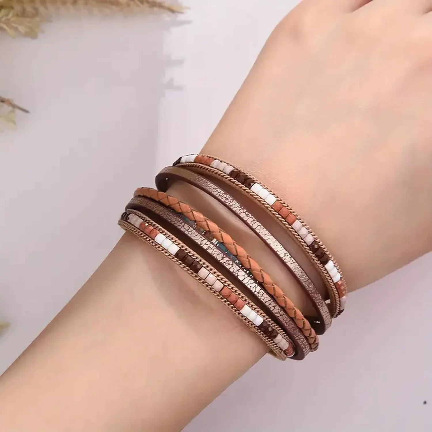 Long tiantian Leather Wrap Bracelets for Women Western Outfit Accessories Boho Cuff Bangle Bracelets Crystal Bead Bracelet with Clasp Jewelry Gifts for Women Trendy 2025