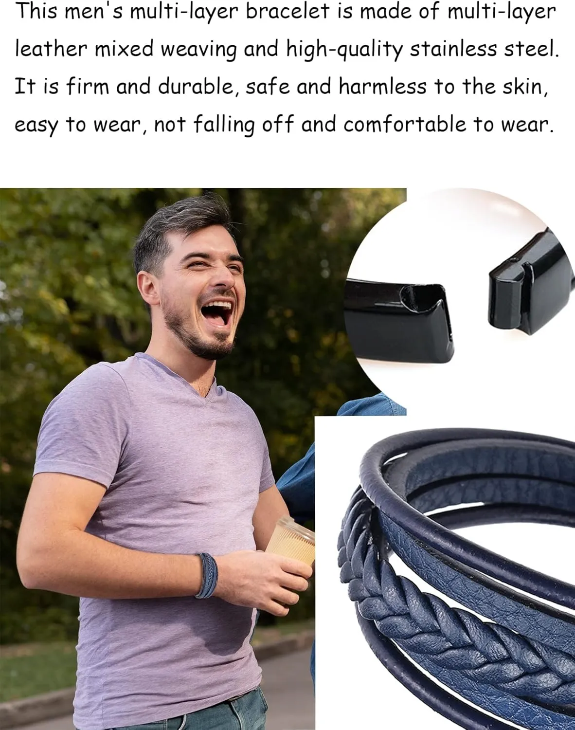 Long tiantian Mens Bracelet Bracelet Leather Cuff Bracelet Black Leather Wrap Bracelet Studded Boho Cuff Bracelets Handmade Splicing Bangle Bracelet Double Strand Leather Bracelet for Men