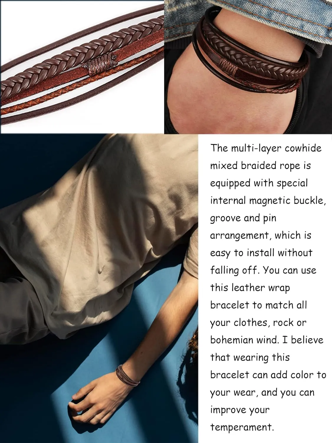 Long tiantian Mens Bracelet Bracelet Leather Cuff Bracelet Black Leather Wrap Bracelet Studded Boho Cuff Bracelets Handmade Splicing Bangle Bracelet Double Strand Leather Bracelet for Men