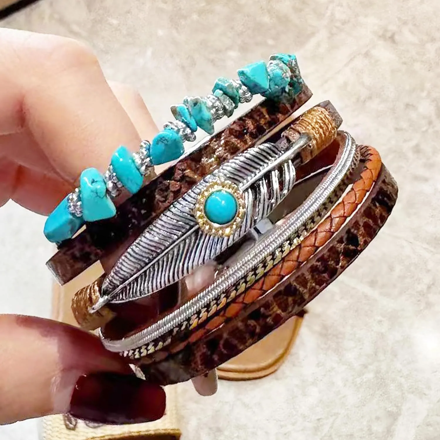 Long tiantian Western Bracelets for Women Boho Leather Wrap Bracelets Turquoise Beaded Bracelet Western Jewelry Country Concert Outfits