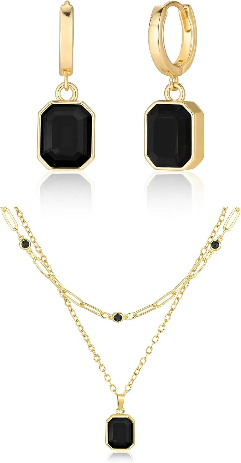 Lourny Gold Earrings and Layered Crystal Necklace Set for Women, 18K Gold Plated Choker Black Dainty Chain Trendy Jewelry for Women Gifts
