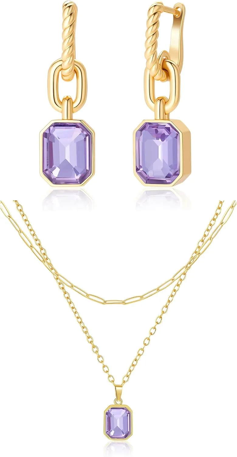 Lourny Gold Earrings and Layered Crystal Necklace Set for Women, 18K Gold Plated Choker Purple Dainty Chain Trendy Jewelry for Women Gifts