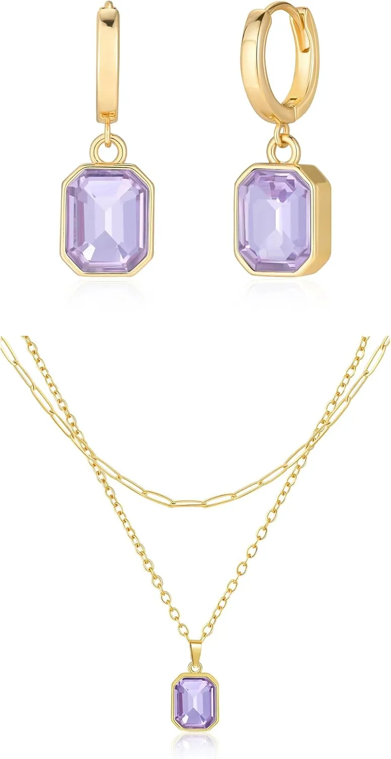 Lourny Gold Earrings and Layered Crystal Necklace Set for Women, 18K Gold Plated Choker Purple Dainty Chain Trendy Jewelry for Women Gifts