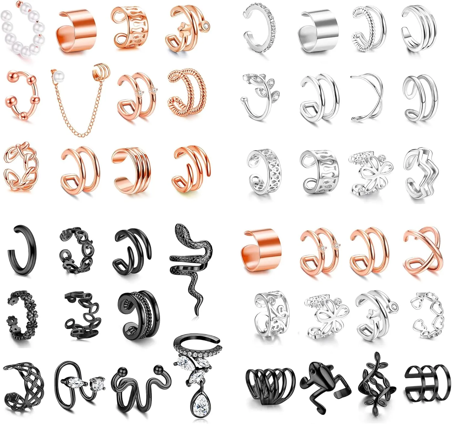 LOYALLOOK 47PCS Ear Cuffs for Women Non Piercing Clip On Cartilage Helix Wrap Ear Clip Earrings Snake Cross Claw Fake Cartilage Earrings