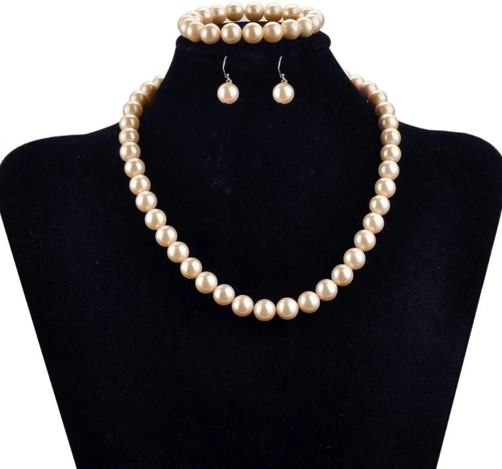 LUREME Fashion Style Pearl Elastic Necklace Bracelet Dangle Earring Set(09000649)