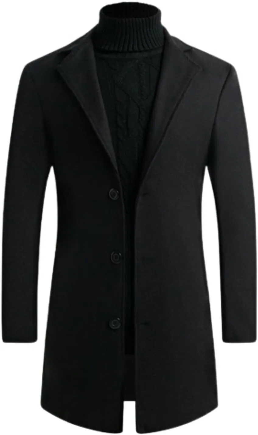 Lu's Chic Men's Slim Fit Pea Coat Thick Overcoats Warm Trench Coats Single Breasted Outerwear Casual Business Dress Coat