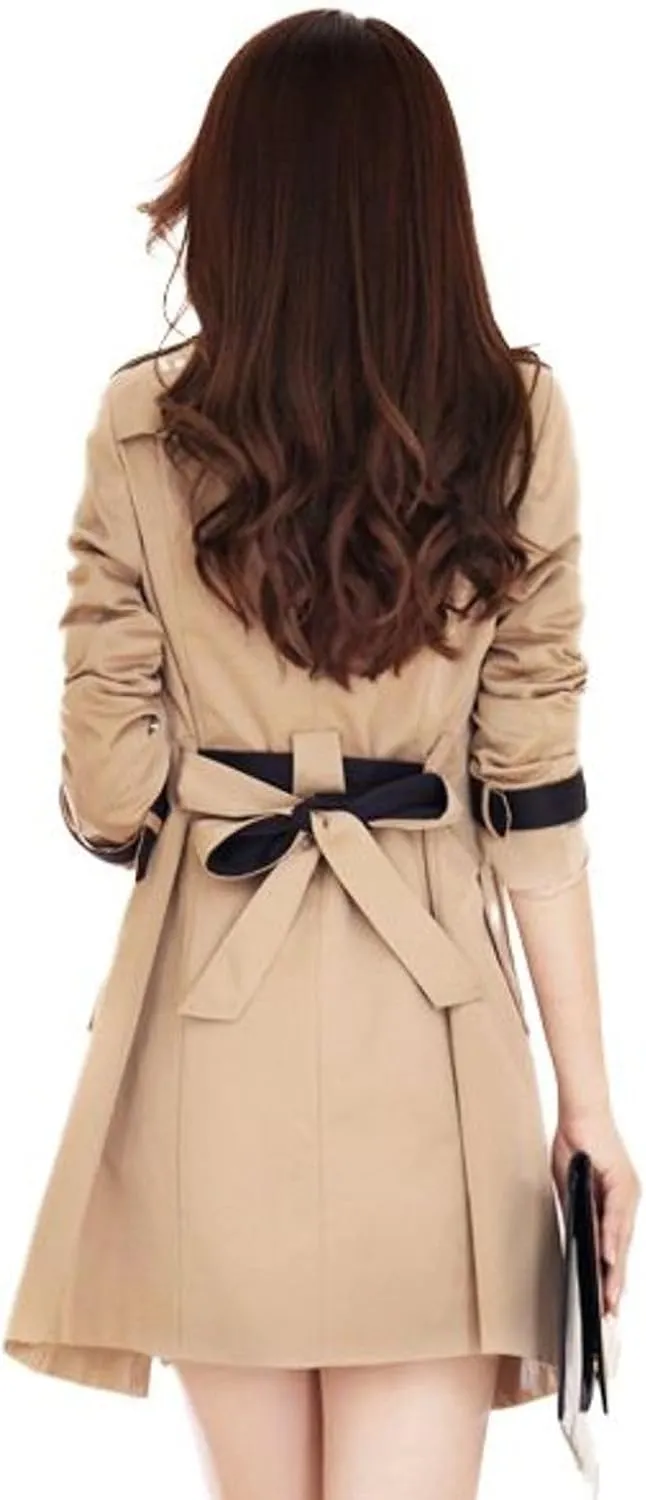Lu's Chic Women's Trench Coat Contrast Color Double Breasted Jacket Fashion Dressy Overcoat Belted Slim Fit Outerwear Coat