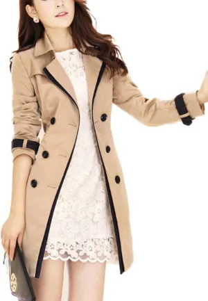 Lu's Chic Women's Trench Coat Contrast Color Double Breasted Jacket Fashion Dressy Overcoat Belted Slim Fit Outerwear Coat