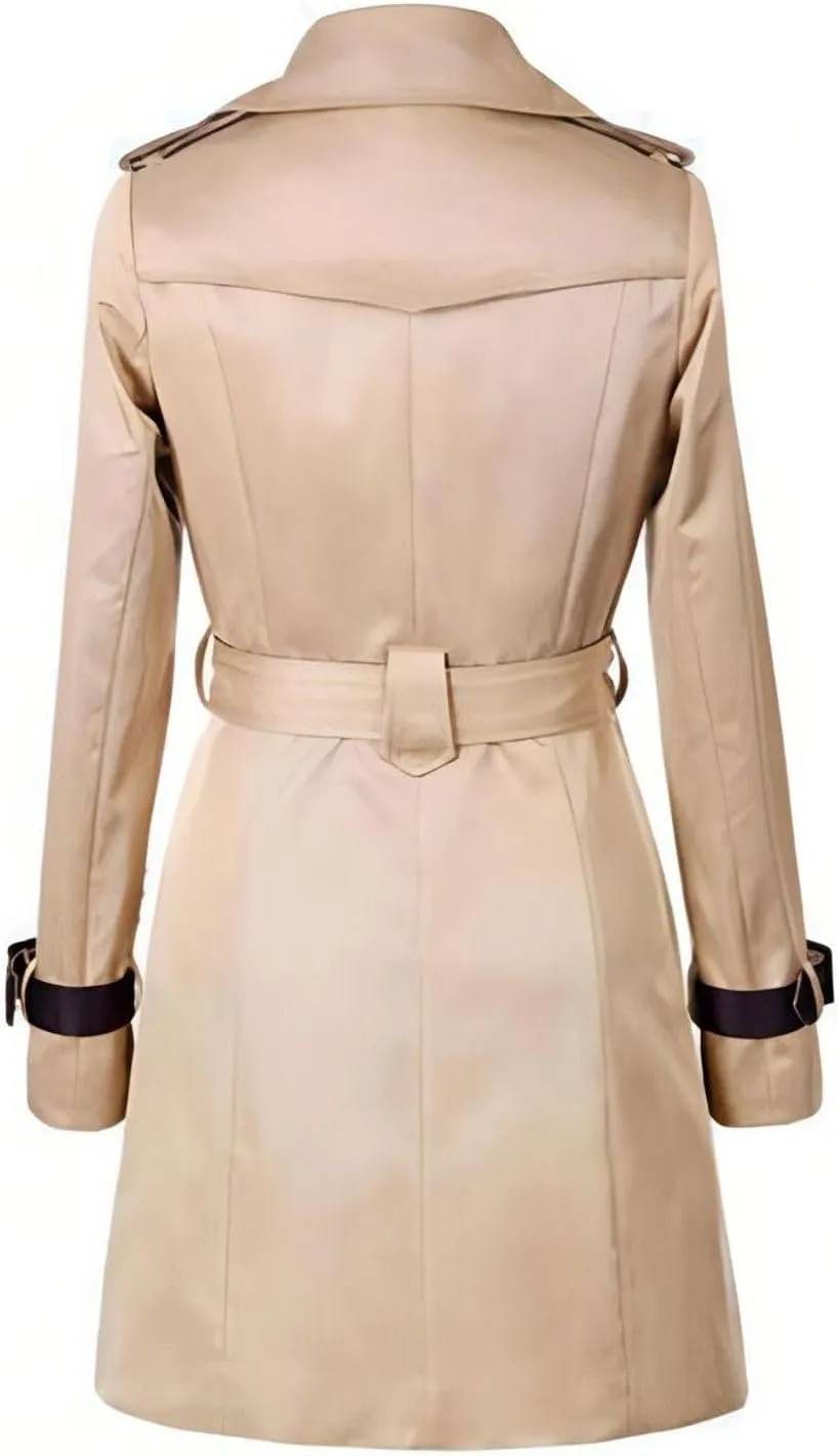 Lu's Chic Women's Trench Coat Contrast Color Double Breasted Jacket Fashion Dressy Overcoat Belted Slim Fit Outerwear Coat