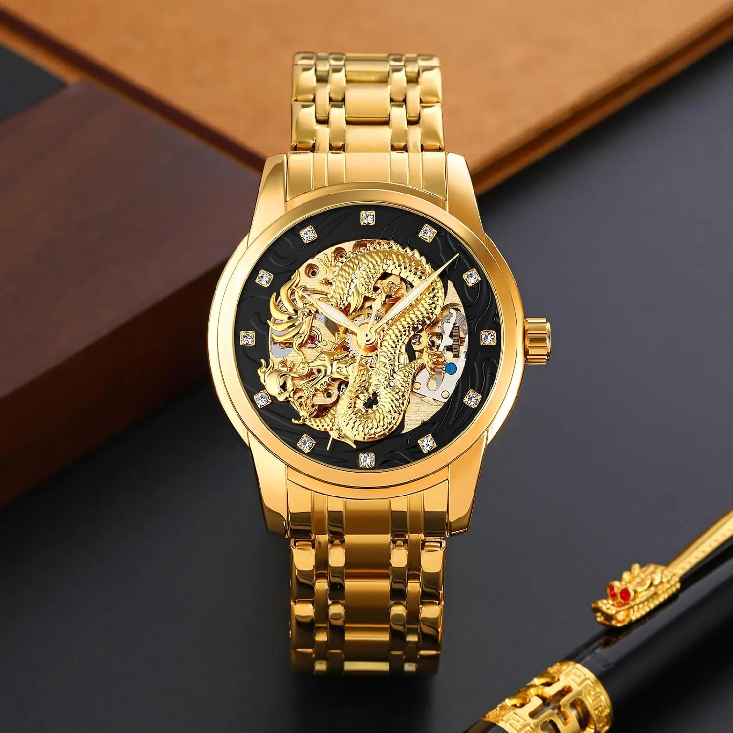 Luxury Automatic Mechanical Gold Dragon Watch Mens Chinese Style Watches Stainless Steel Waterproof Watch