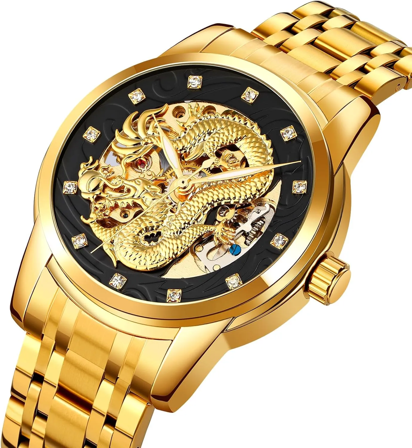 Luxury Automatic Mechanical Gold Dragon Watch Mens Chinese Style Watches Stainless Steel Waterproof Watch