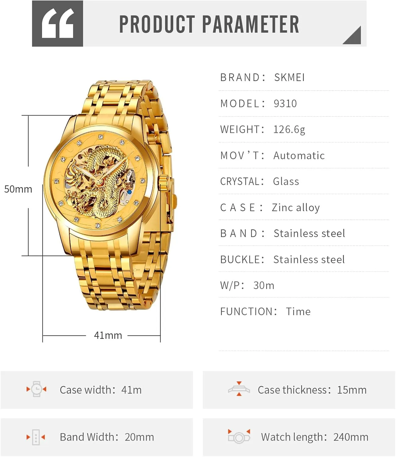 Luxury Automatic Mechanical Gold Dragon Watch Mens Chinese Style Watches Stainless Steel Waterproof Watch