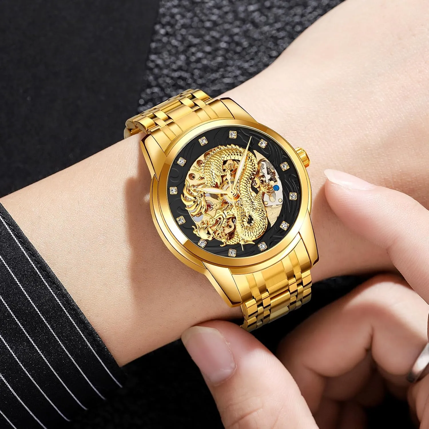 Luxury Automatic Mechanical Gold Dragon Watch Mens Chinese Style Watches Stainless Steel Waterproof Watch