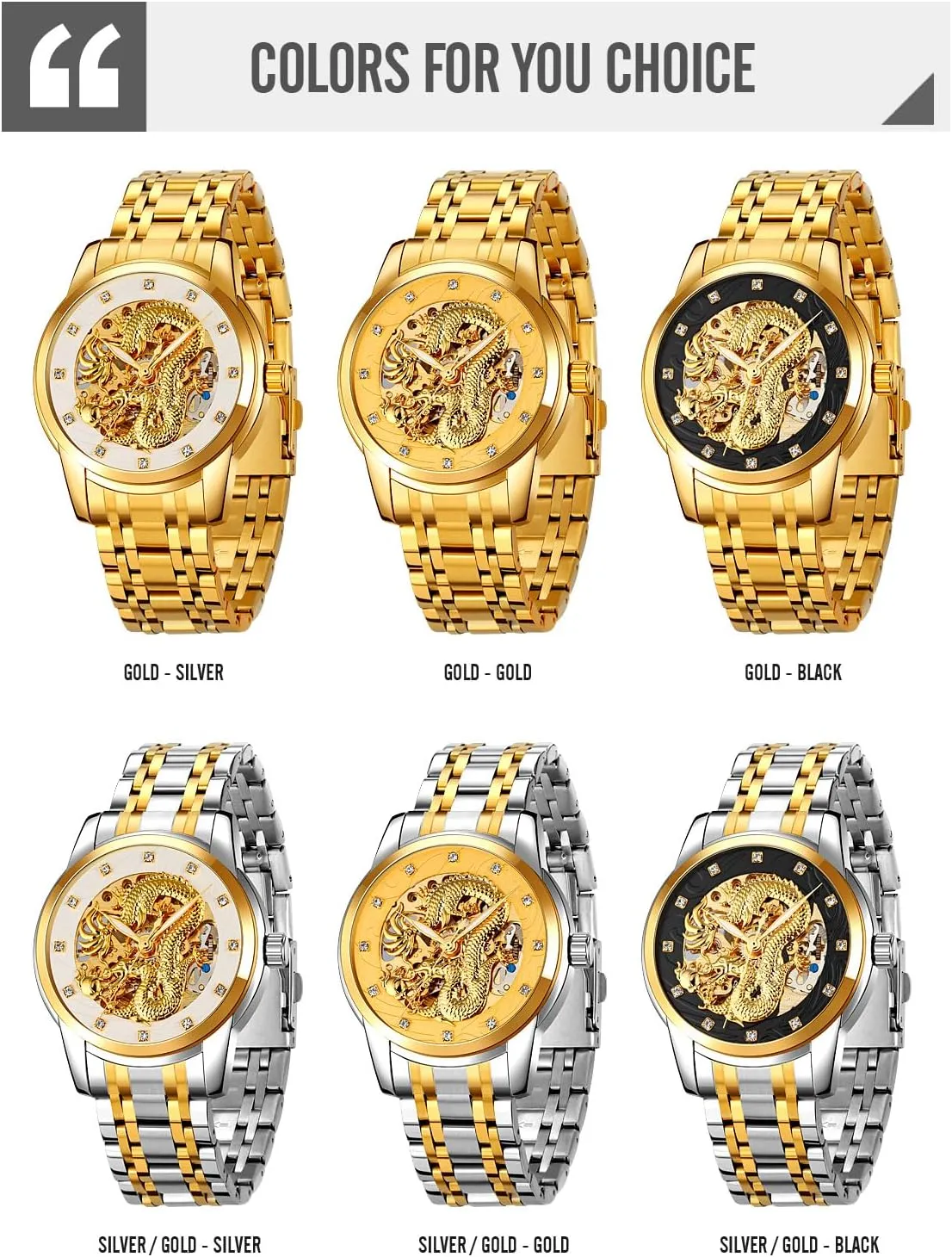 Luxury Automatic Mechanical Gold Dragon Watch Mens Chinese Style Watches Stainless Steel Waterproof Watch