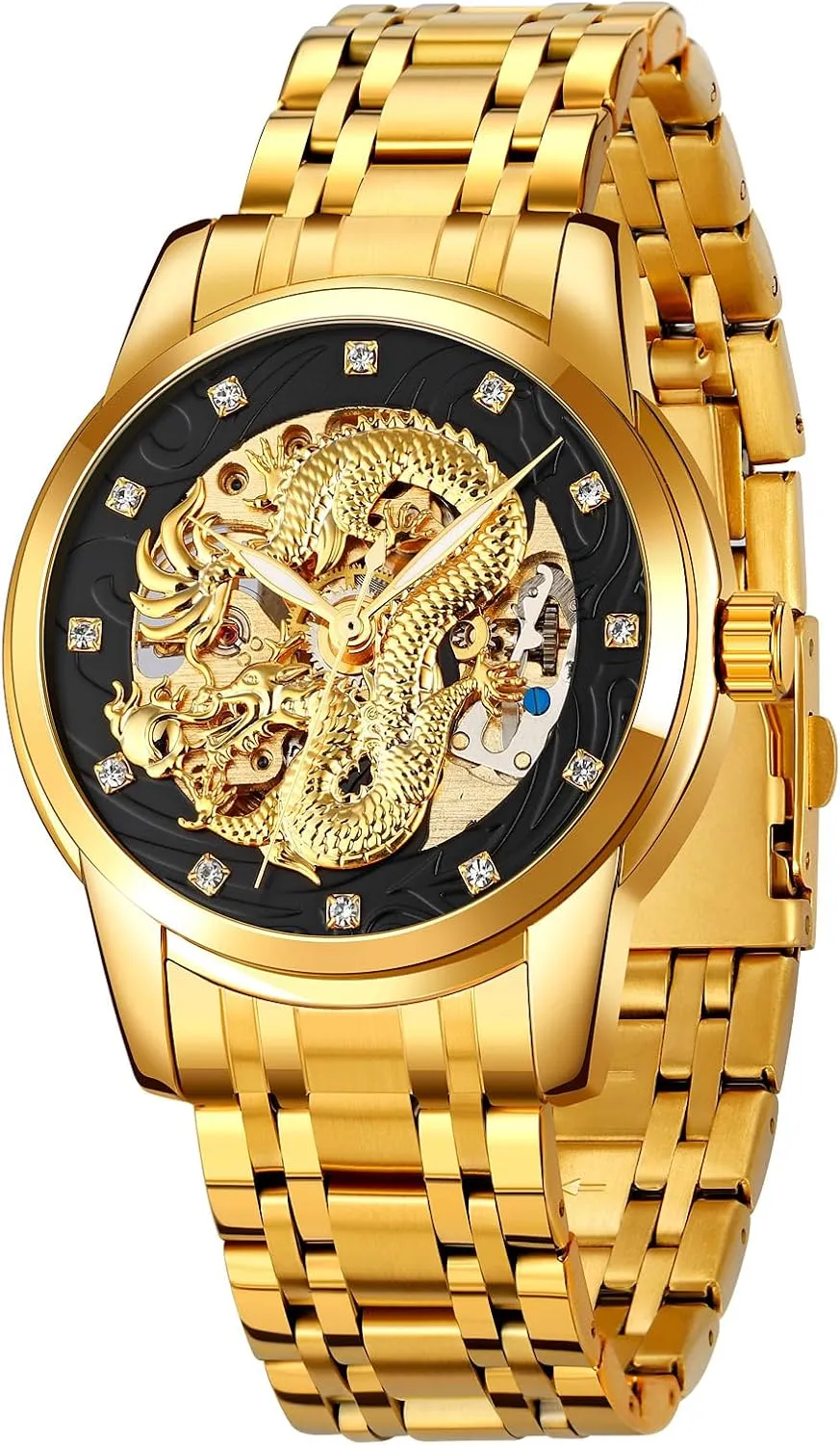 Luxury Automatic Mechanical Gold Dragon Watch Mens Chinese Style Watches Stainless Steel Waterproof Watch