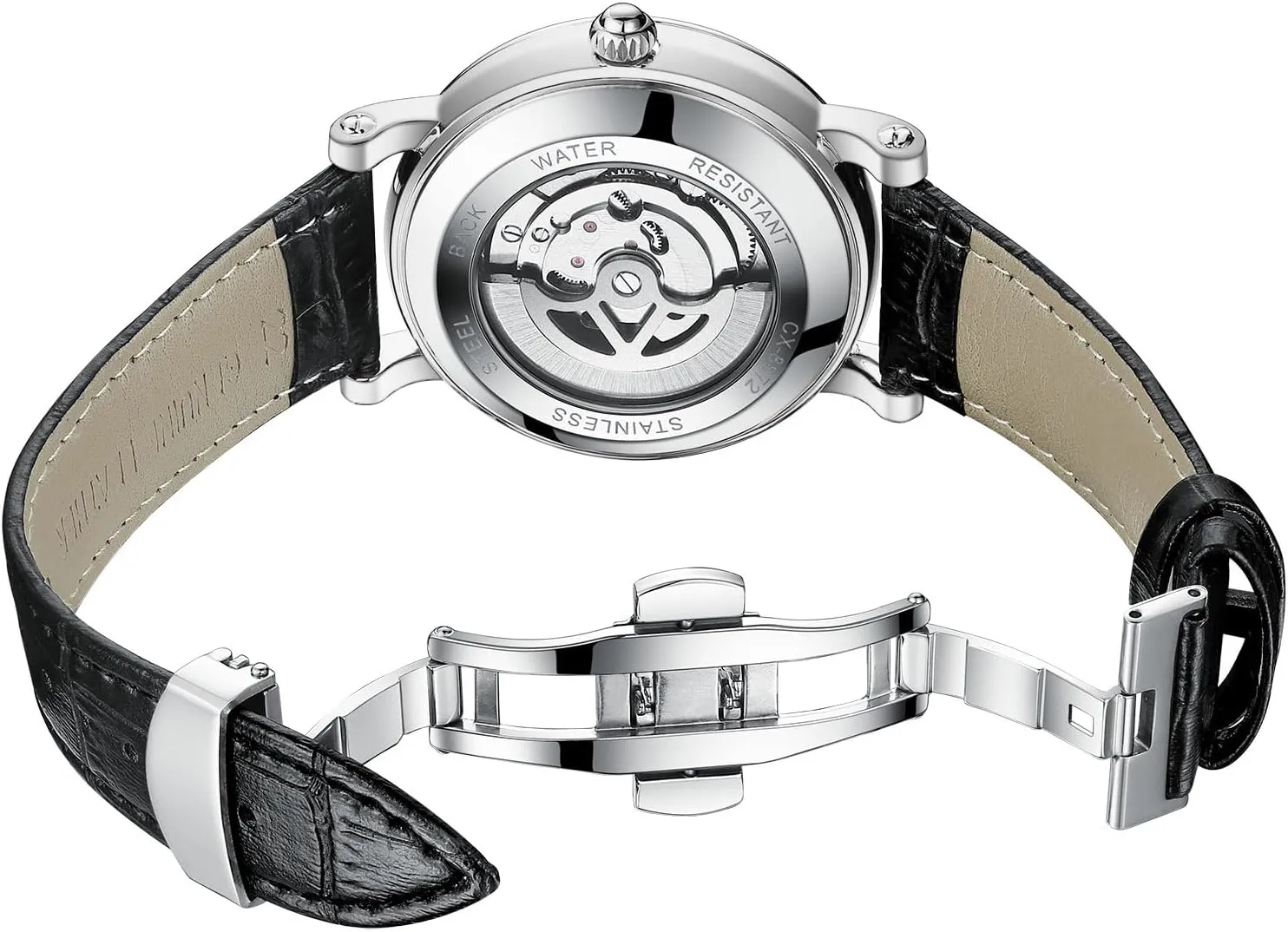 Luxury Mens Watches Automatic Mechanical Skeleton Tourbillon Self Winding Business Dress Wristwatch Moon Phase Luminous Leather Strap Watch for Men