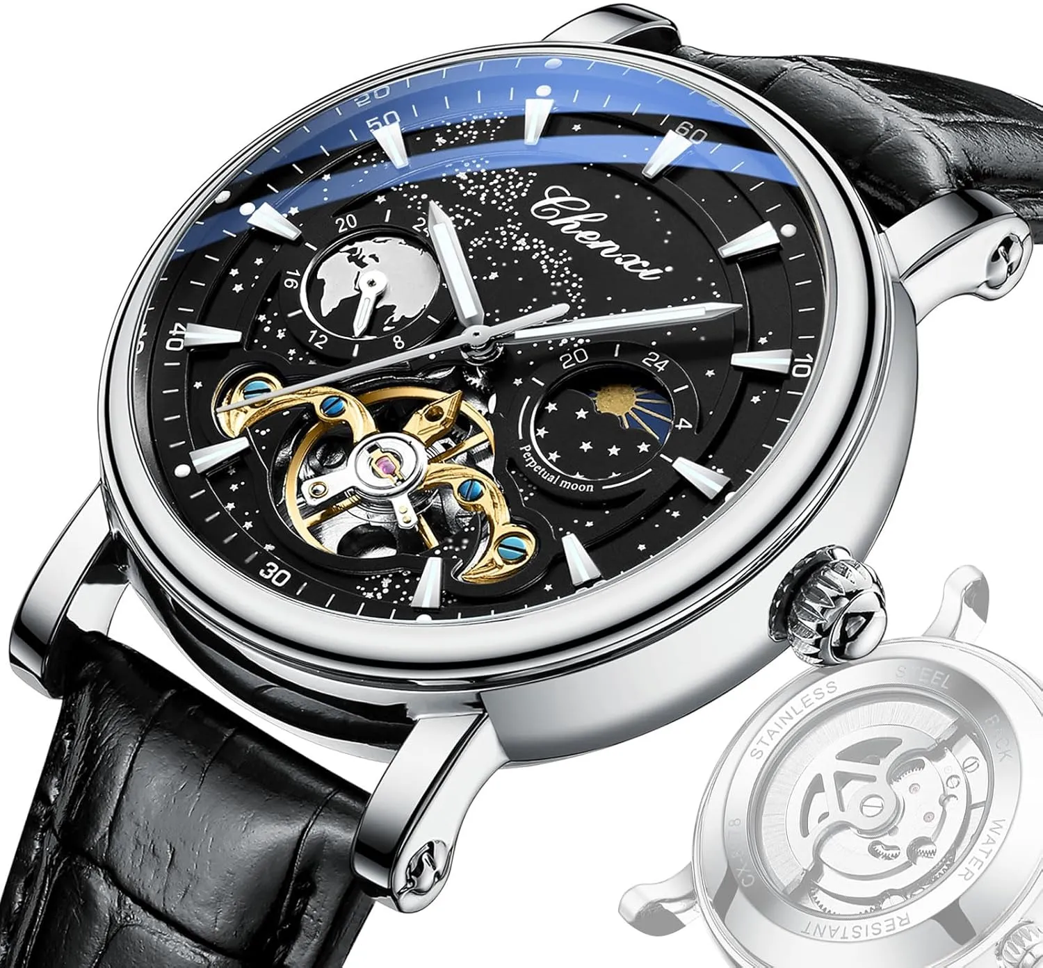 Luxury Mens Watches Automatic Mechanical Skeleton Tourbillon Self Winding Business Dress Wristwatch Moon Phase Luminous Leather Strap Watch for Men