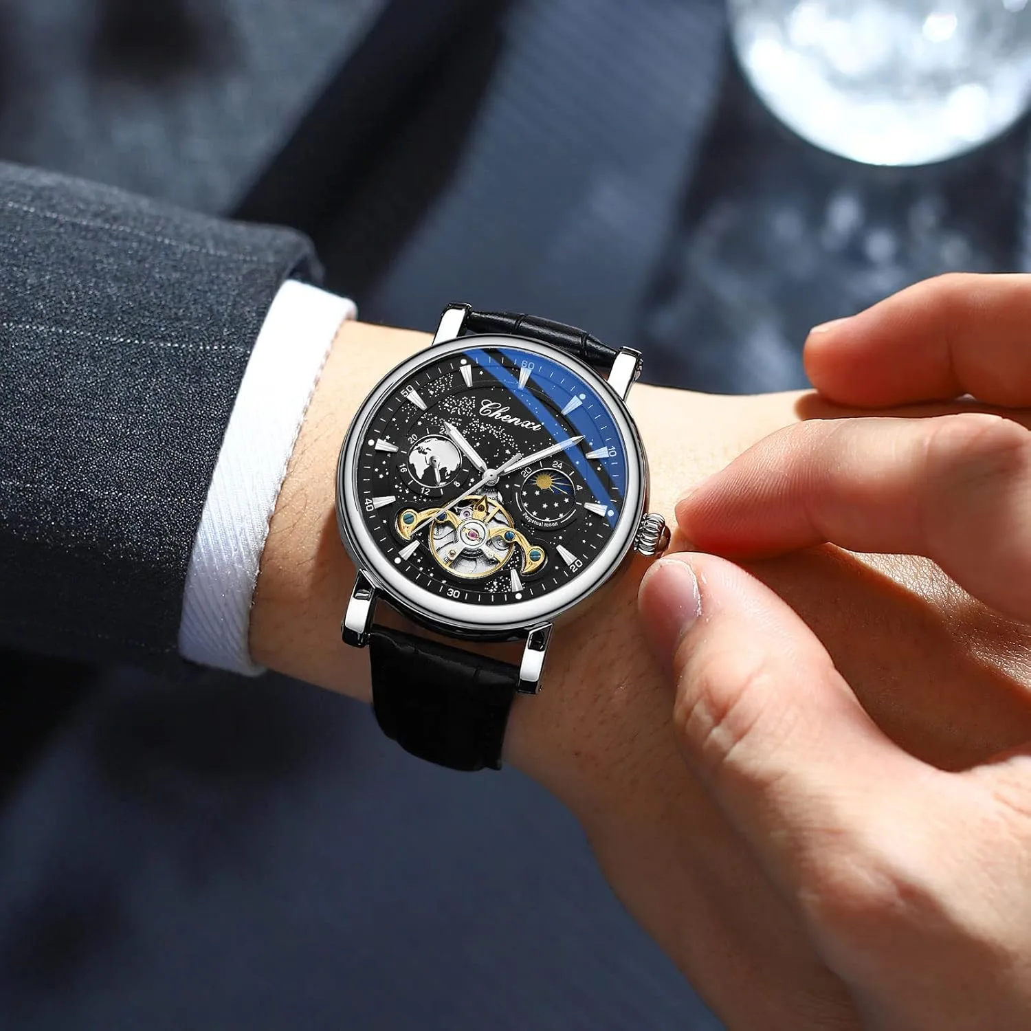 Luxury Mens Watches Automatic Mechanical Skeleton Tourbillon Self Winding Business Dress Wristwatch Moon Phase Luminous Leather Strap Watch for Men