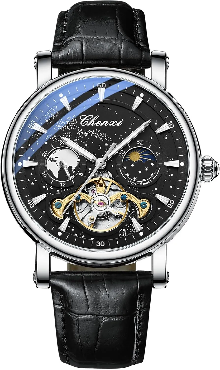 Luxury Mens Watches Automatic Mechanical Skeleton Tourbillon Self Winding Business Dress Wristwatch Moon Phase Luminous Leather Strap Watch for Men