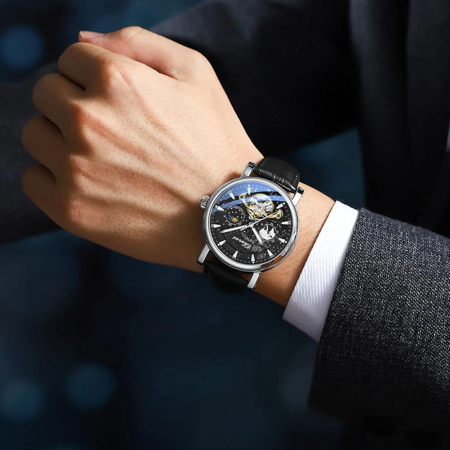 Luxury Mens Watches Automatic Mechanical Skeleton Tourbillon Self Winding Business Dress Wristwatch Moon Phase Luminous Leather Strap Watch for Men