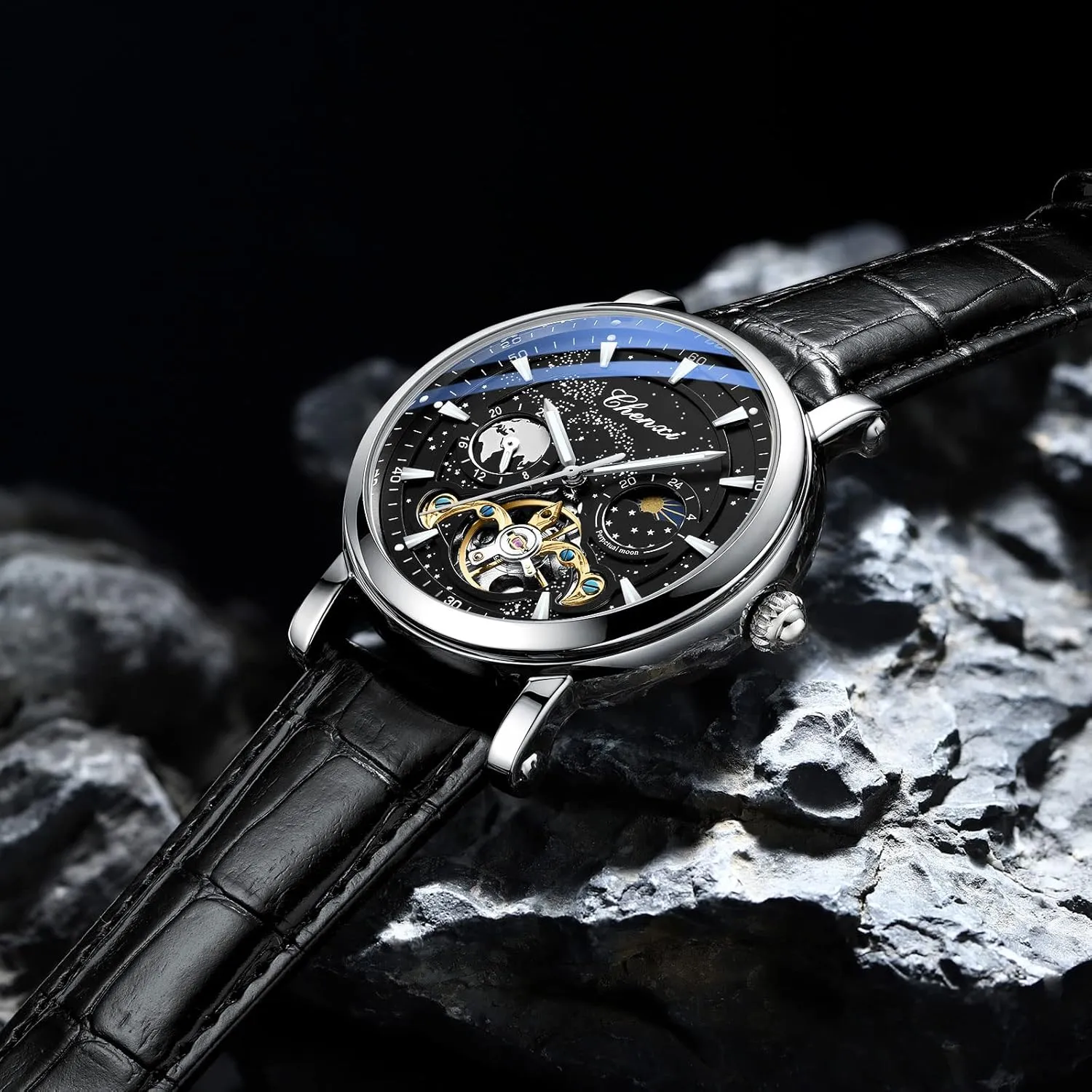 Luxury Mens Watches Automatic Mechanical Skeleton Tourbillon Self Winding Business Dress Wristwatch Moon Phase Luminous Leather Strap Watch for Men