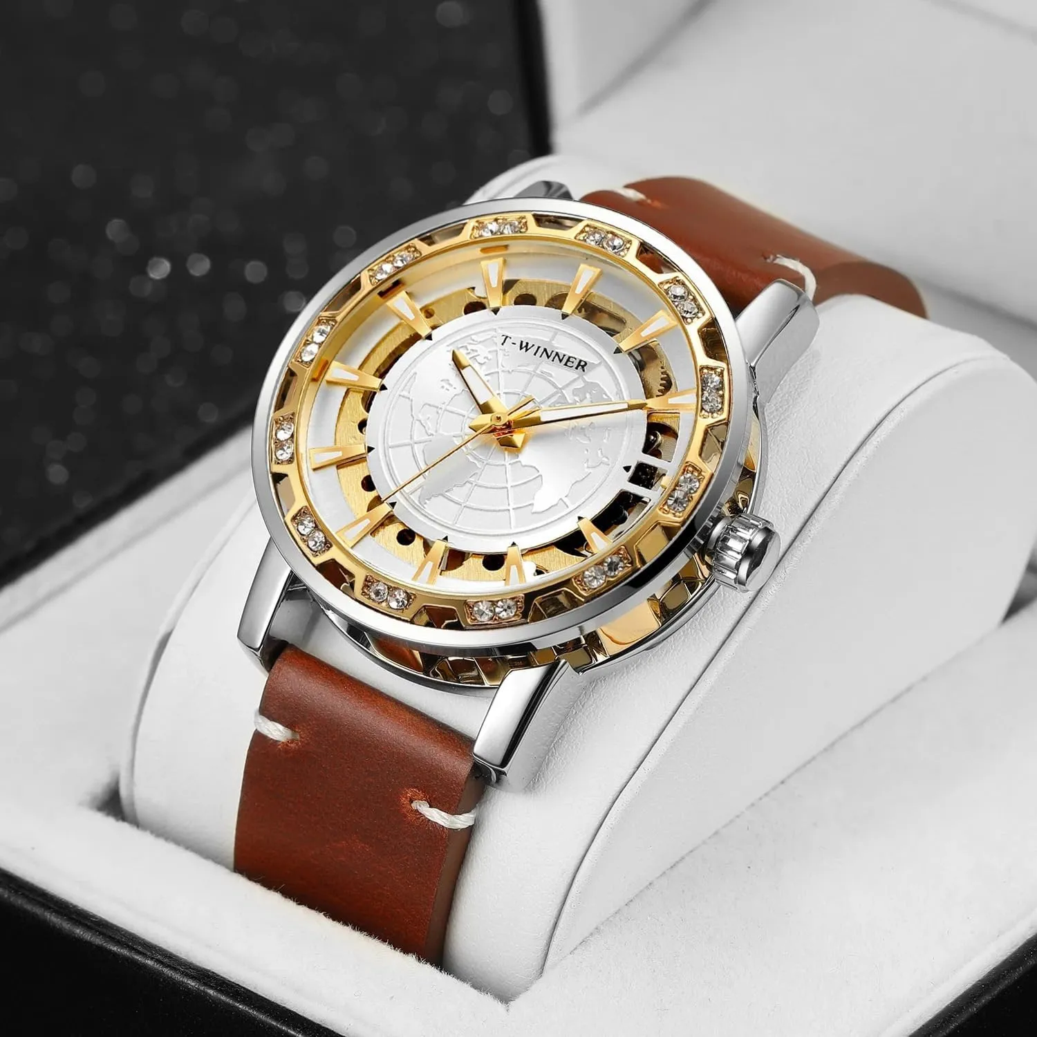 Luxury Retro Mechanical Watches Classic Iced Out Skeleton Watch for Men Luminous Hands Leather Strap Gold Wristwatches