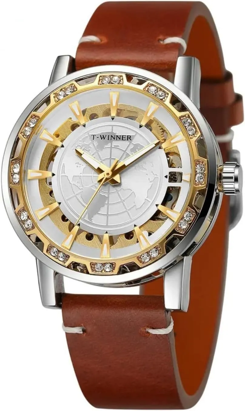 Luxury Retro Mechanical Watches Classic Iced Out Skeleton Watch for Men Luminous Hands Leather Strap Gold Wristwatches