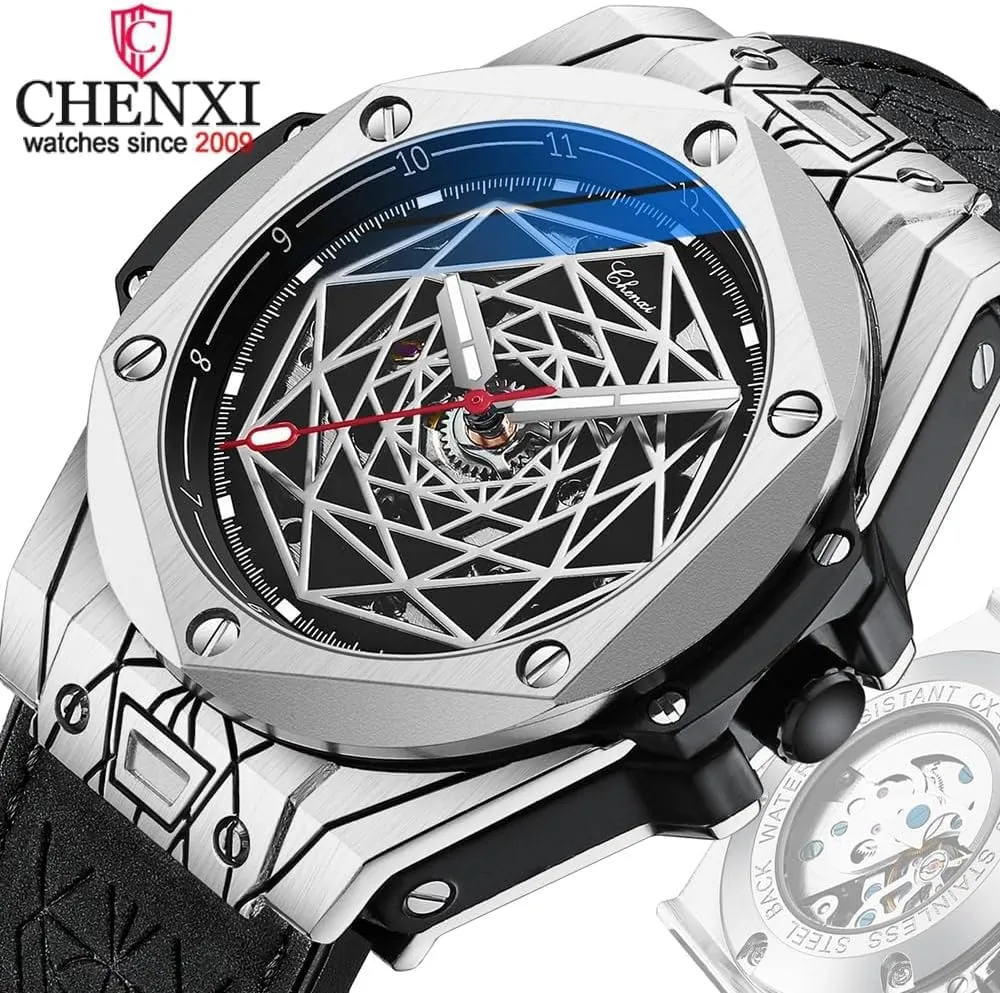 Luxury Transparent Skeleton Mechanical Automatic Watches for Men Water Proof Leather