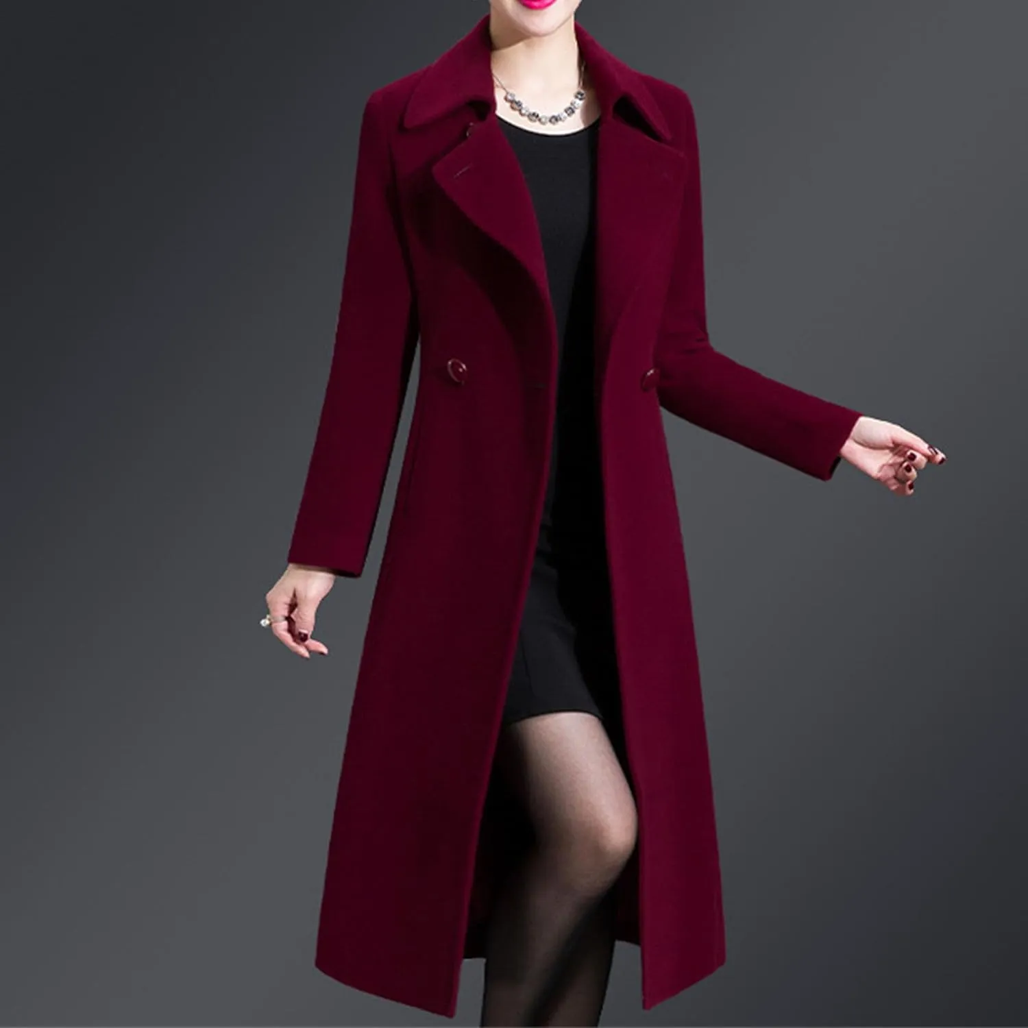 Maiyifu-GJ Women's Elegant Lapel Collar Coat Single Breasted Mid-Long Wool Blend Trench Coat Jackets Spring Fall Overcoat