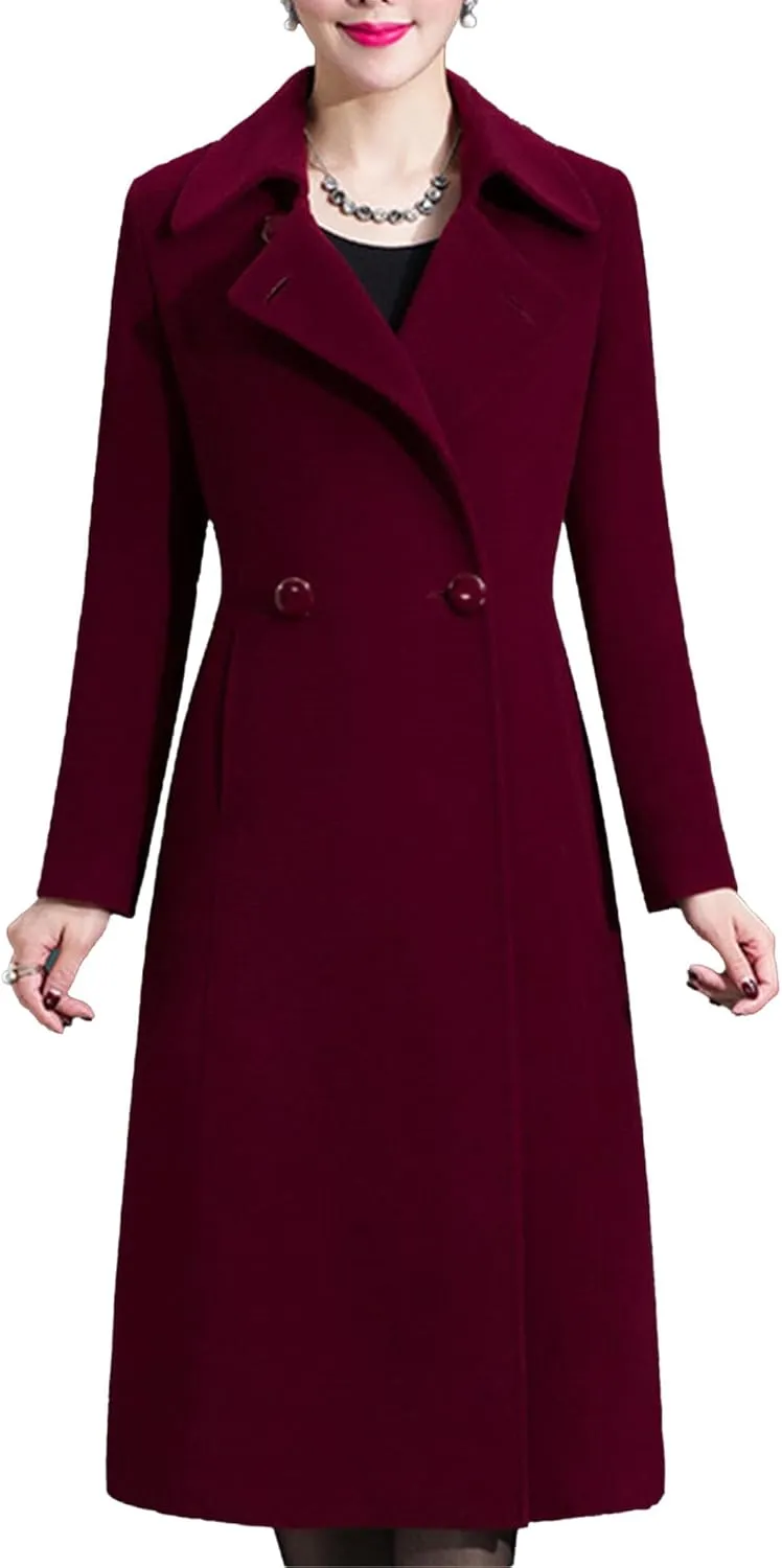 Maiyifu-GJ Women's Elegant Lapel Collar Coat Single Breasted Mid-Long Wool Blend Trench Coat Jackets Spring Fall Overcoat