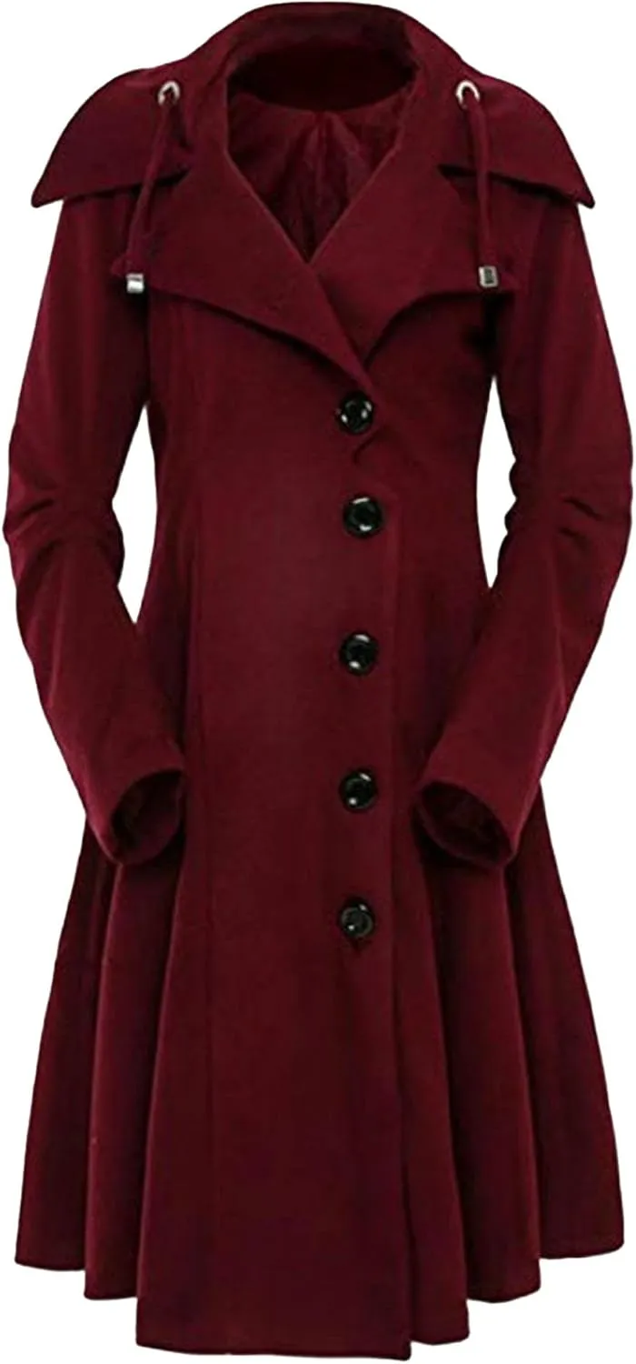 Maiyifu-GJ Womens Single Breasted Hooded Trench Coat Long Sleeve Wool Blend Dress Coats Fall Winter Mid Long Overcoat