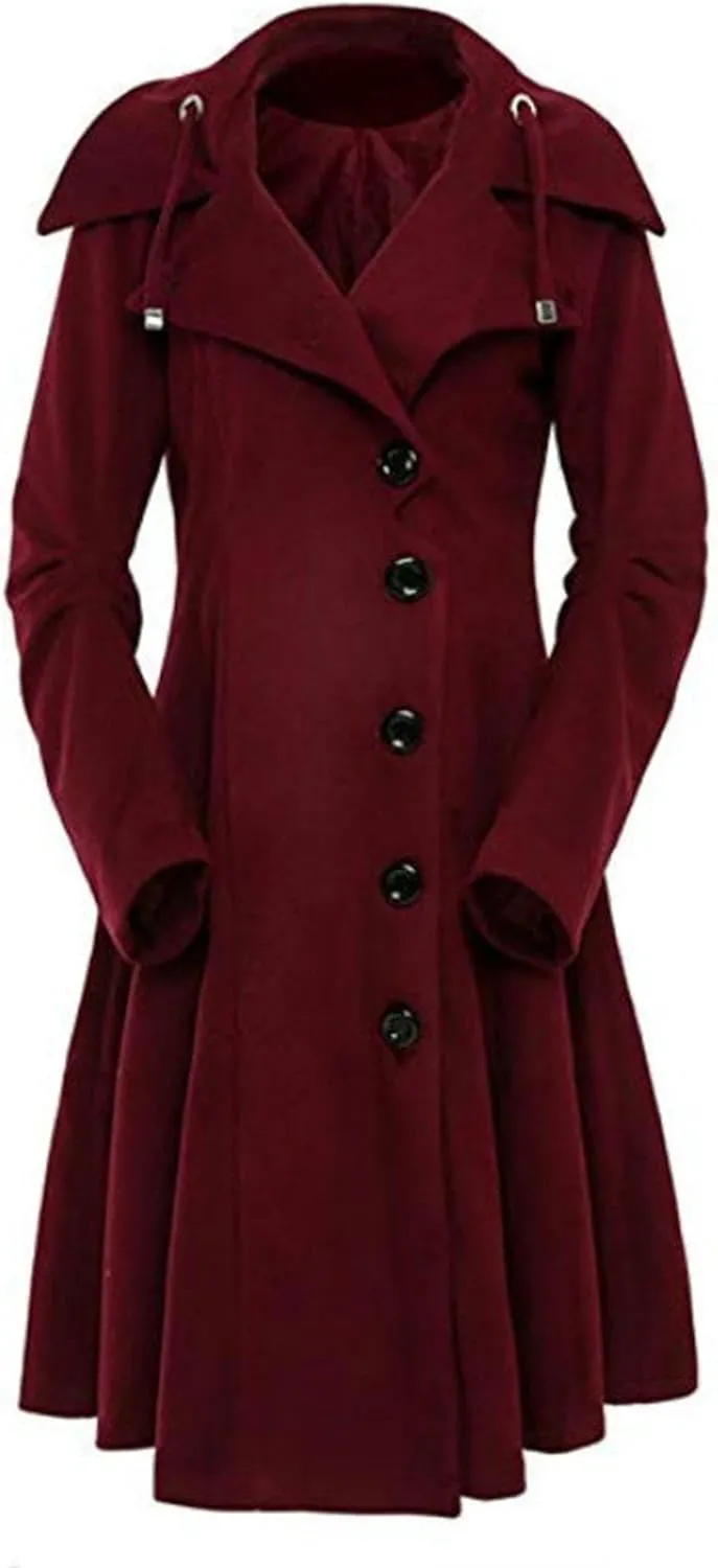 Maiyifu-GJ Womens Single Breasted Hooded Trench Coat Long Sleeve Wool Blend Dress Coats Fall Winter Mid Long Overcoat
