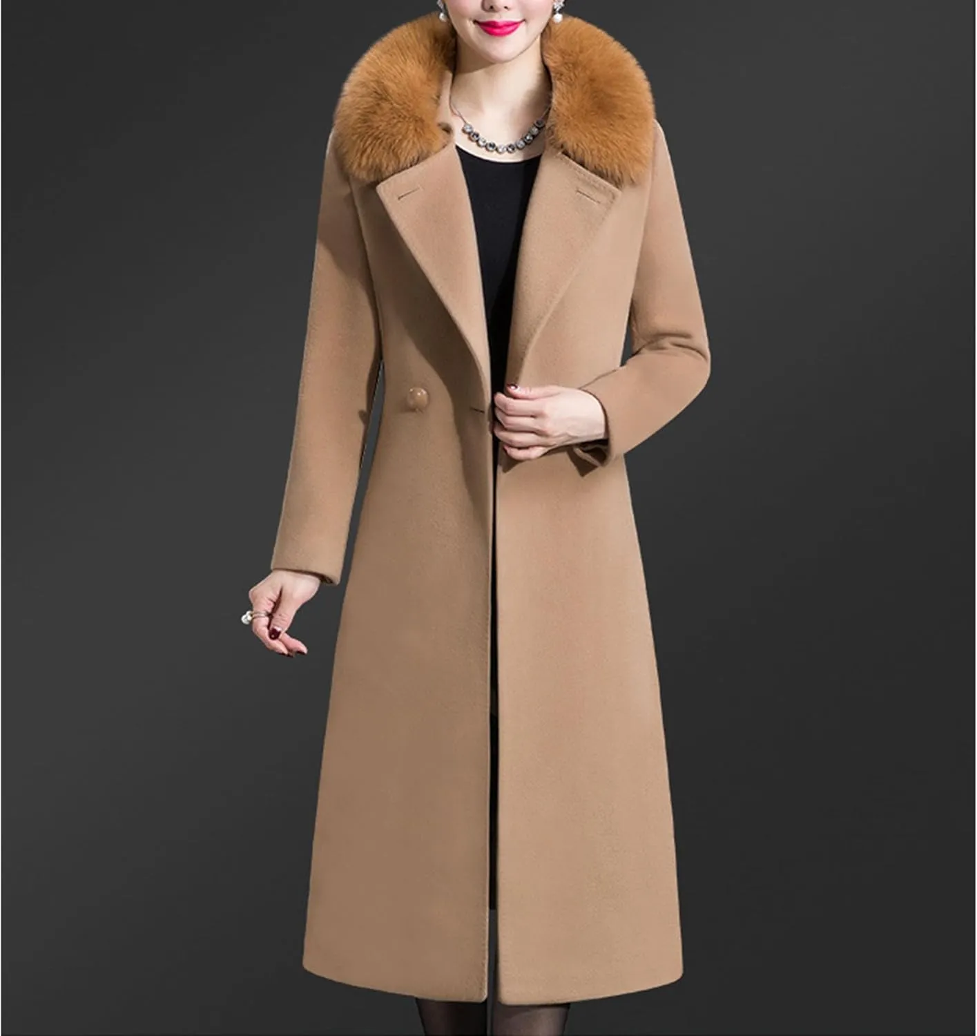 Maiyifu-GJ Women's Winter Mid Long Trench Coat Notch Lapel Single Breasted Coats Casual Fall Winter Overcoat Long Jackets