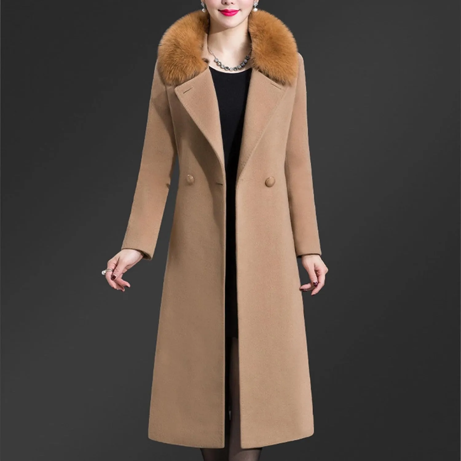 Maiyifu-GJ Women's Winter Mid Long Trench Coat Notch Lapel Single Breasted Coats Casual Fall Winter Overcoat Long Jackets
