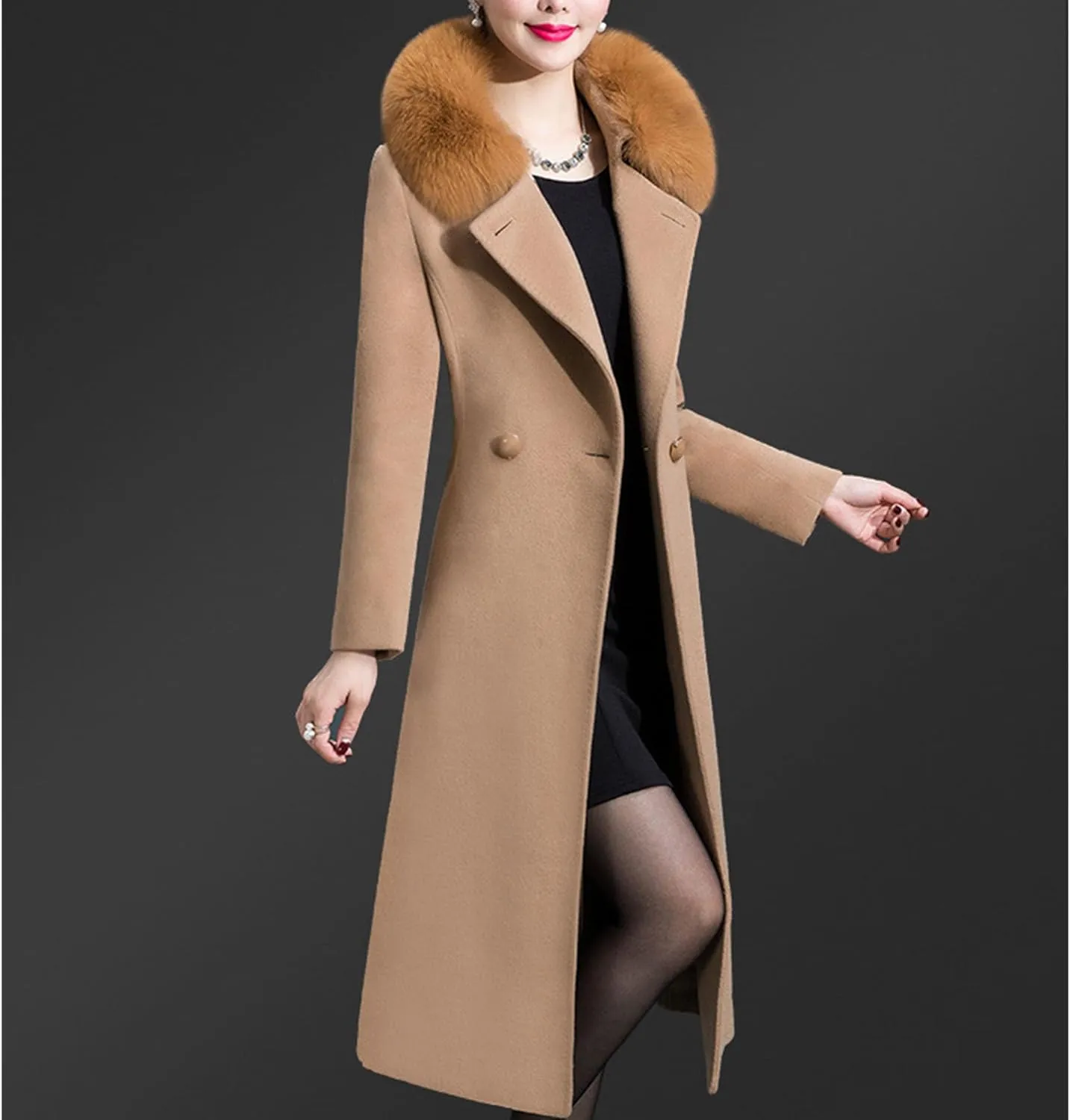 Maiyifu-GJ Women's Winter Mid Long Trench Coat Notch Lapel Single Breasted Coats Casual Fall Winter Overcoat Long Jackets