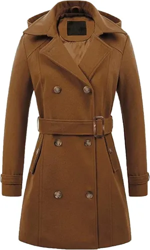 Maiyifu-GJ Women's Winter Overcoat Notched Lapel Collar Double Breasted Trench Coat Mid Long Wool Blend Coat Jackets