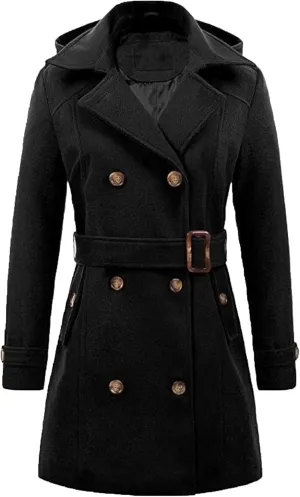 Maiyifu-GJ Women's Winter Overcoat Notched Lapel Collar Double Breasted Trench Coat Mid Long Wool Blend Coat Jackets