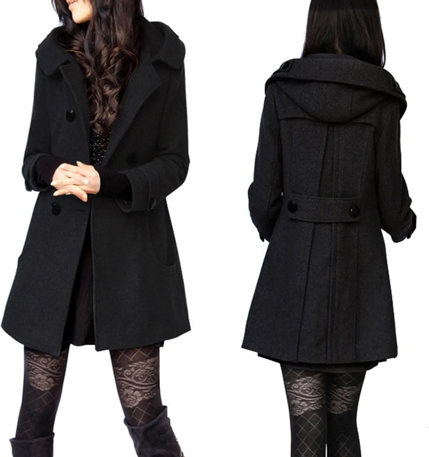 Maiyifu-GJ Womens Winter Wool Overcoat Double Breasted Wool Blend Trench Coat Mid Long Jacket Outerwear with Hood
