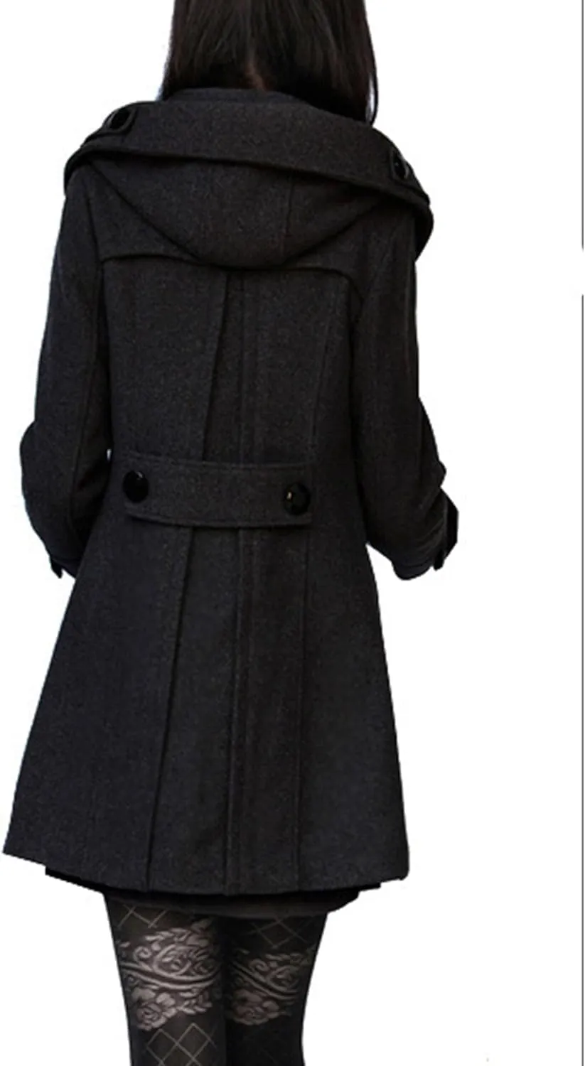 Maiyifu-GJ Womens Winter Wool Overcoat Double Breasted Wool Blend Trench Coat Mid Long Jacket Outerwear with Hood